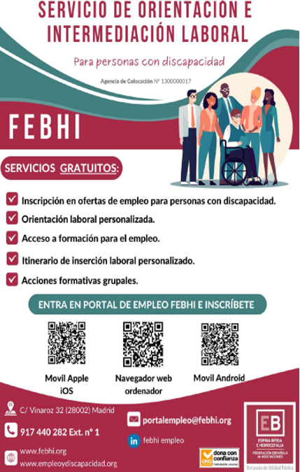 La Federación Española de Asociaciones de Espina Bífida e Hidrocefalia (FEBHI) ofrece servicios gratuitos para la inserción laboral de personas con discapacidad.