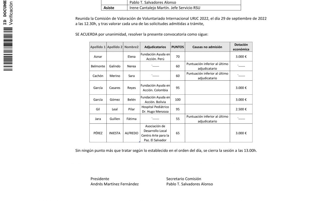 Reunión de la Comisión de Valoración Ayudas Voluntariado internacional de la Universidad Rey Juan Carlos-2022